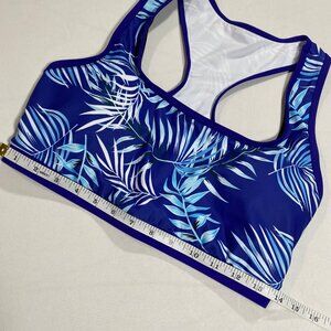 Womens Medium Blue & Black Racerback Swim Top With Tropical Print